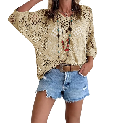 Women'S Bohemian Style Beige V-Neck Crochet Top