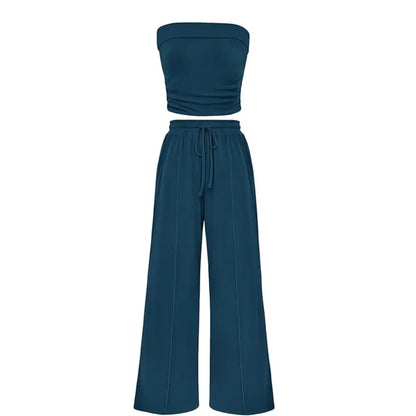 Spring Sale🔥 Women's Ribbed Knit 2-Piece Lounge Set - Casual Crop Top & Wide-Leg Pants