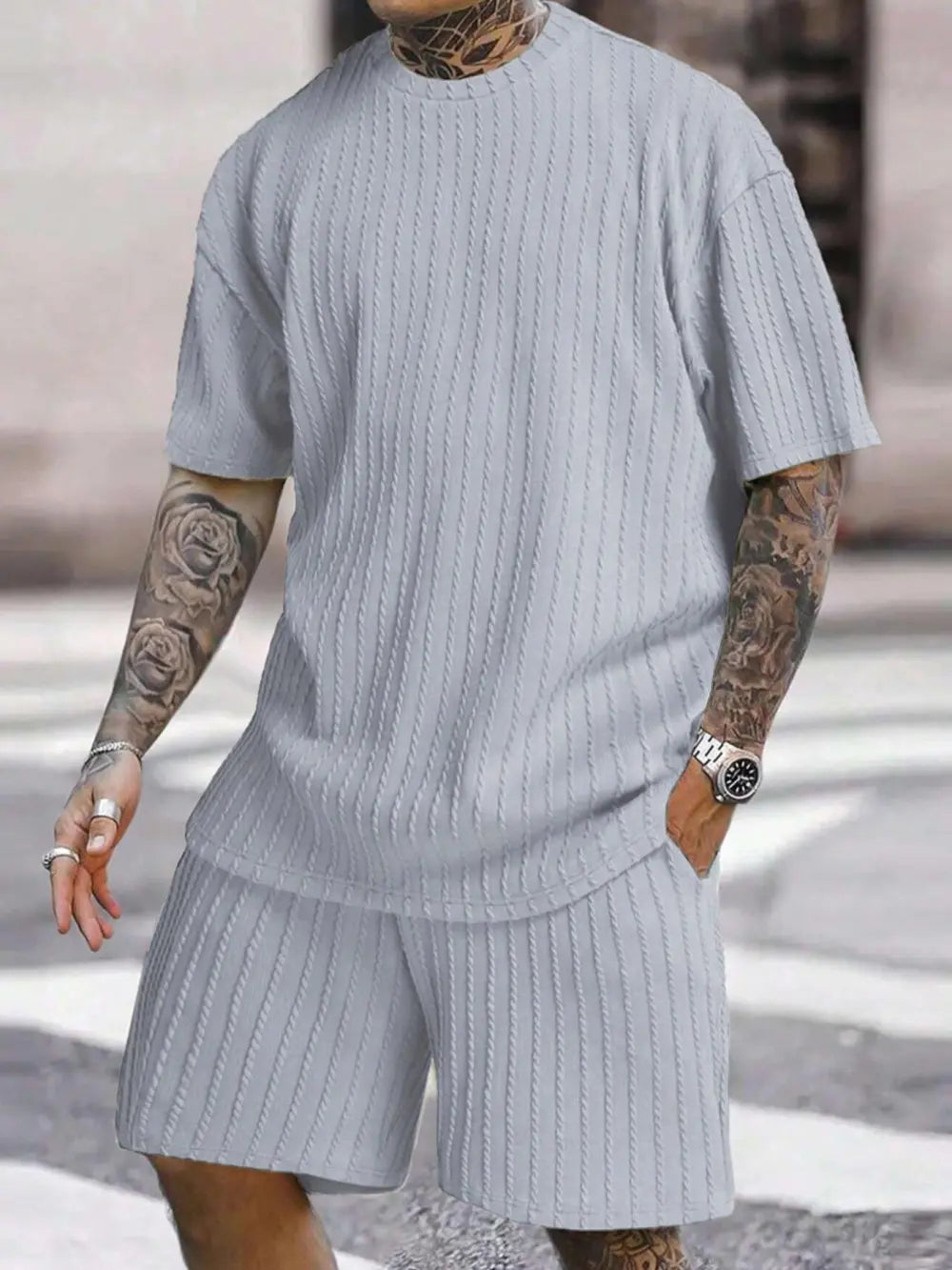 Men's Loose Fit Jacquard Textured Tee with Drawstring Shorts 2 Pieces Set