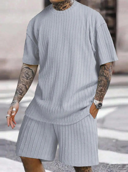 Men's Loose Fit Jacquard Textured Tee with Drawstring Shorts 2 Pieces Set