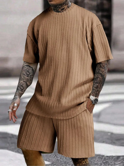 Men's Loose Fit Jacquard Textured Tee with Drawstring Shorts 2 Pieces Set