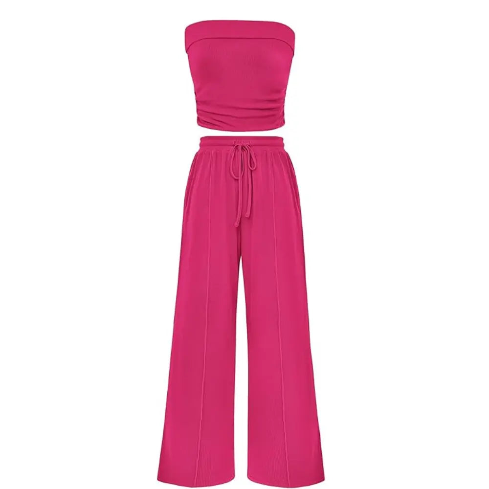 Spring Sale🔥 Women's Ribbed Knit 2-Piece Lounge Set - Casual Crop Top & Wide-Leg Pants