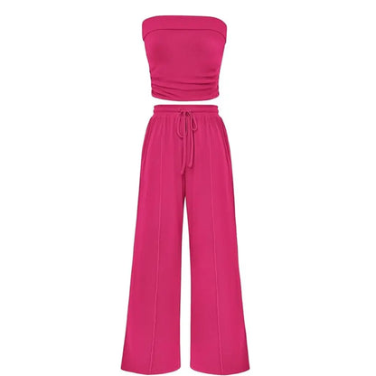 Spring Sale🔥 Women's Ribbed Knit 2-Piece Lounge Set - Casual Crop Top & Wide-Leg Pants