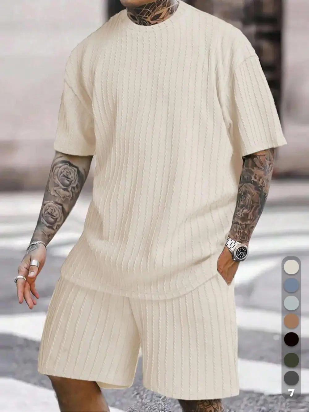 Men's Loose Fit Jacquard Textured Tee with Drawstring Shorts 2 Pieces Set