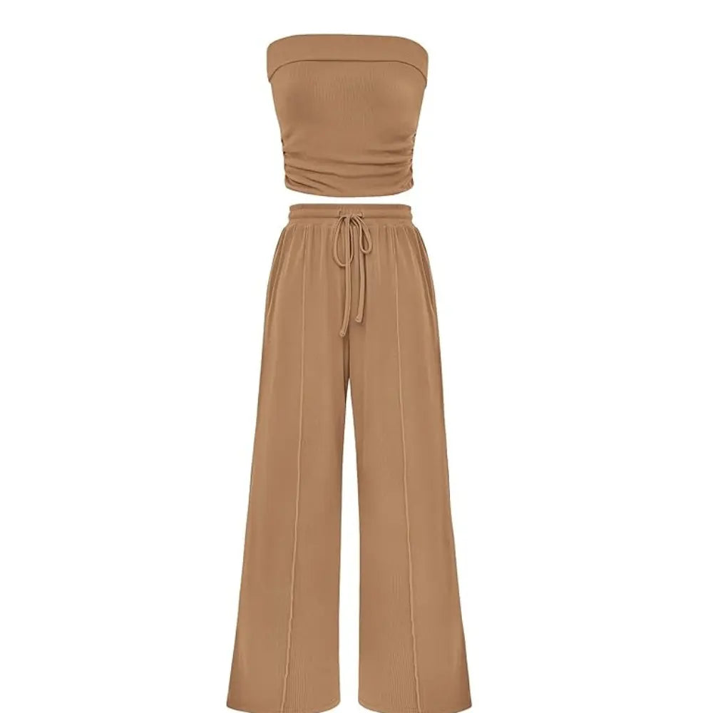 Spring Sale🔥 Women's Ribbed Knit 2-Piece Lounge Set - Casual Crop Top & Wide-Leg Pants