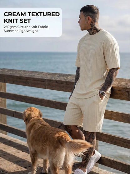 Men's Loose Fit Jacquard Textured Tee with Drawstring Shorts 2 Pieces Set