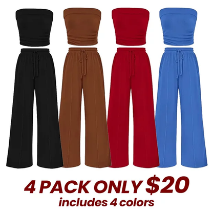 Spring Sale🔥 Women's Ribbed Knit 2-Piece Lounge Set - Casual Crop Top & Wide-Leg Pants