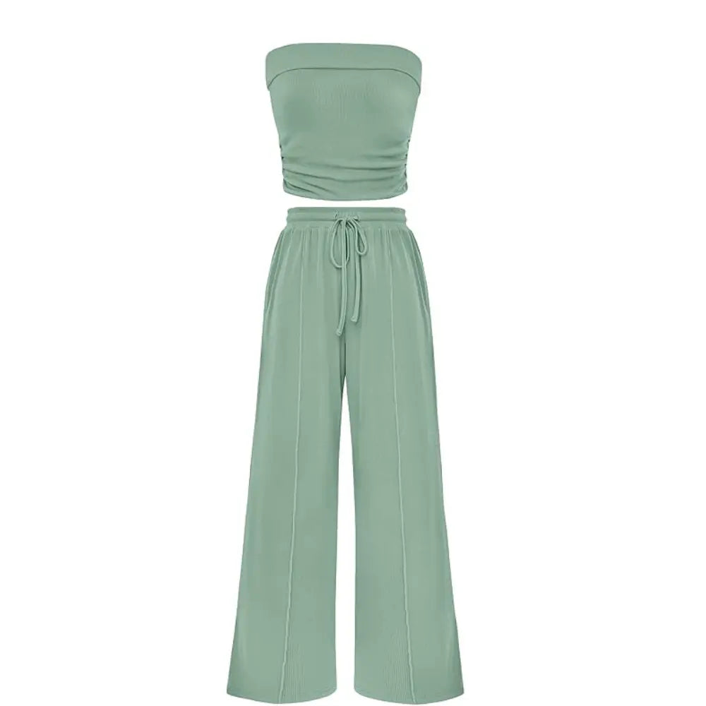 Spring Sale🔥 Women's Ribbed Knit 2-Piece Lounge Set - Casual Crop Top & Wide-Leg Pants