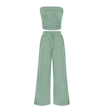 Spring Sale🔥 Women's Ribbed Knit 2-Piece Lounge Set - Casual Crop Top & Wide-Leg Pants