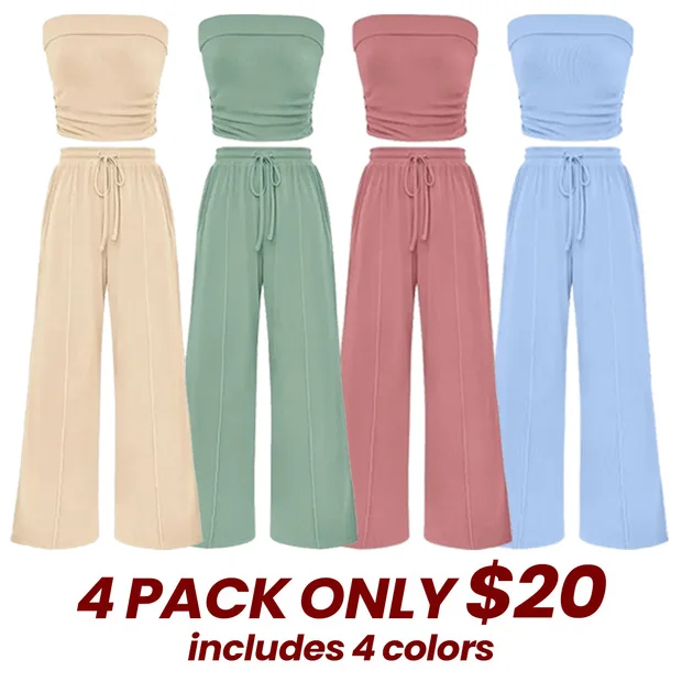 Spring Sale🔥 Women's Ribbed Knit 2-Piece Lounge Set - Casual Crop Top & Wide-Leg Pants
