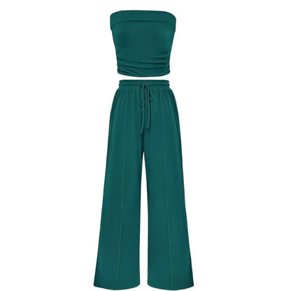 Spring Sale🔥 Women's Ribbed Knit 2-Piece Lounge Set - Casual Crop Top & Wide-Leg Pants