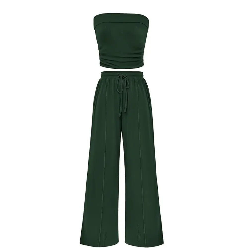 Spring Sale🔥 Women's Ribbed Knit 2-Piece Lounge Set - Casual Crop Top & Wide-Leg Pants
