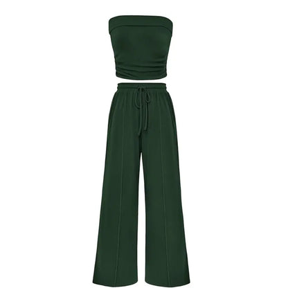 Spring Sale🔥 Women's Ribbed Knit 2-Piece Lounge Set - Casual Crop Top & Wide-Leg Pants
