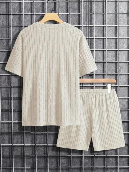 Men's Loose Fit Jacquard Textured Tee with Drawstring Shorts 2 Pieces Set