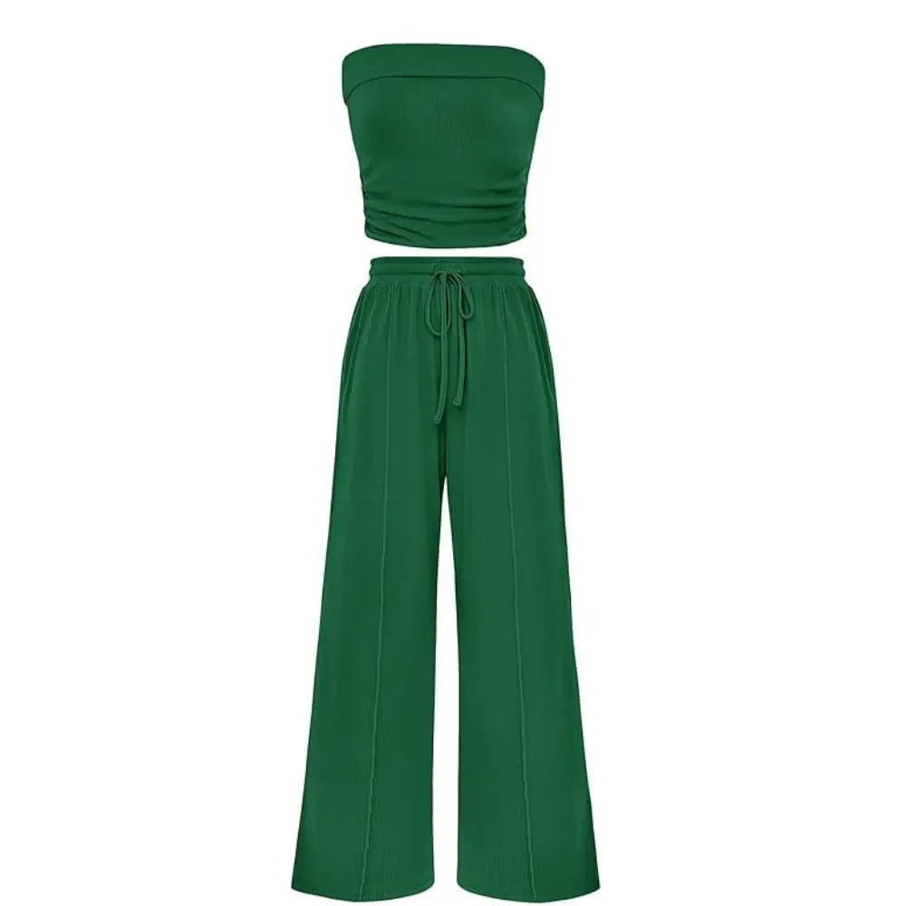 Spring Sale🔥 Women's Ribbed Knit 2-Piece Lounge Set - Casual Crop Top & Wide-Leg Pants