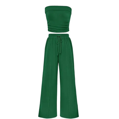 Spring Sale🔥 Women's Ribbed Knit 2-Piece Lounge Set - Casual Crop Top & Wide-Leg Pants