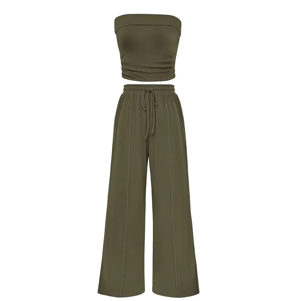 Spring Sale🔥 Women's Ribbed Knit 2-Piece Lounge Set - Casual Crop Top & Wide-Leg Pants