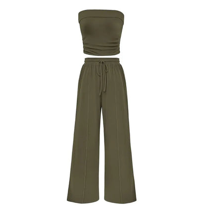 Spring Sale🔥 Women's Ribbed Knit 2-Piece Lounge Set - Casual Crop Top & Wide-Leg Pants