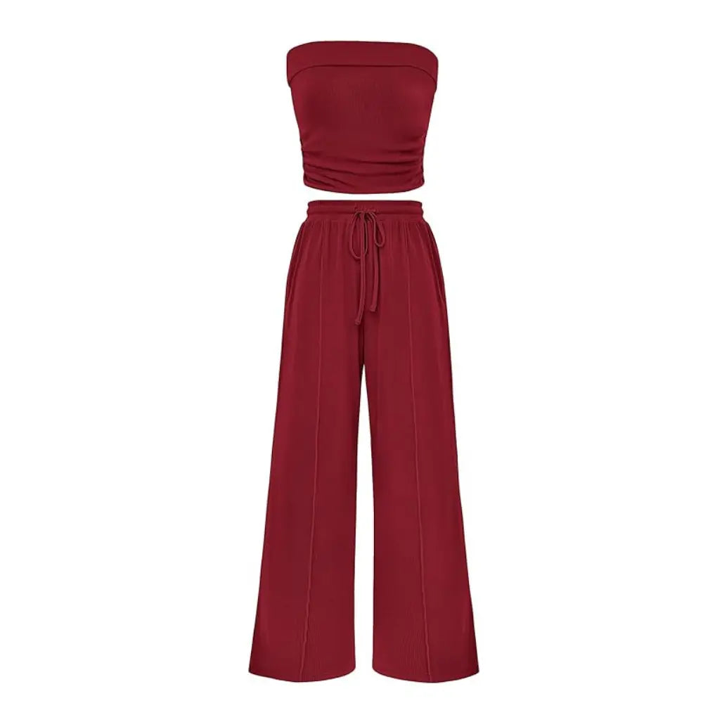 Spring Sale🔥 Women's Ribbed Knit 2-Piece Lounge Set - Casual Crop Top & Wide-Leg Pants