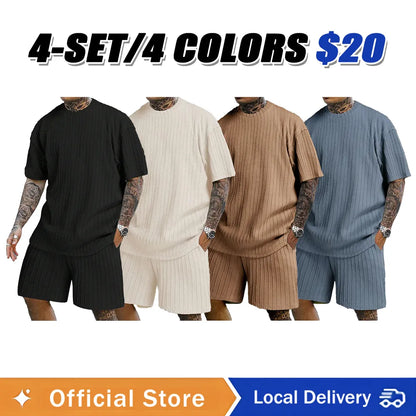 Men's Loose Fit Jacquard Textured Tee with Drawstring Shorts 2 Pieces Set
