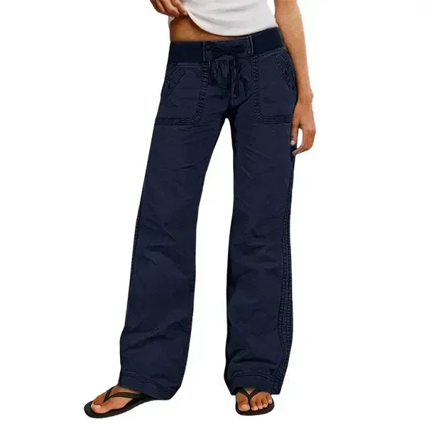 Solid Seam Detail Drawstring Mid Rise Straight Leg Pants High Stretch Fabric Women's Wear Minimalist Fit Basic Style Multiple Colors